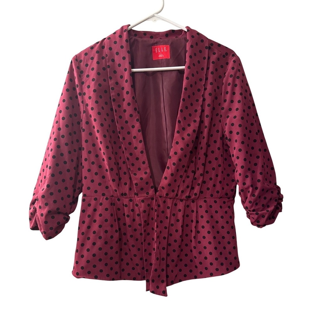 Elle Peplum Blazer Velvet Polka Dot  Ruched 3/4 Sleeve Magenta Jacket Women's L